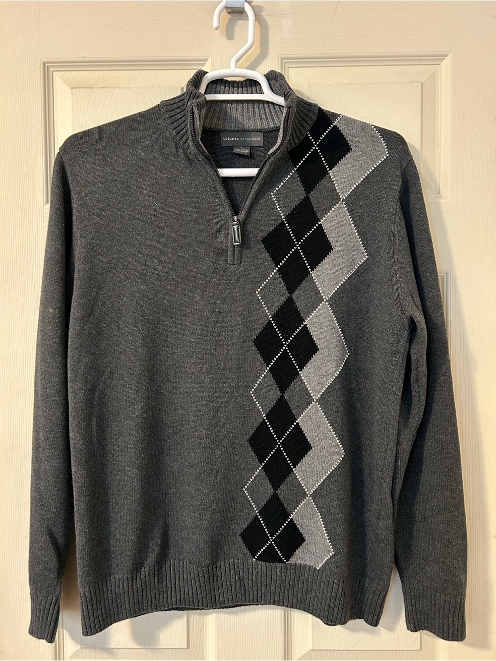 Tricots St Raphael Men’s Charcoal Gray Argyle 1/4 Zip Sweater Top L